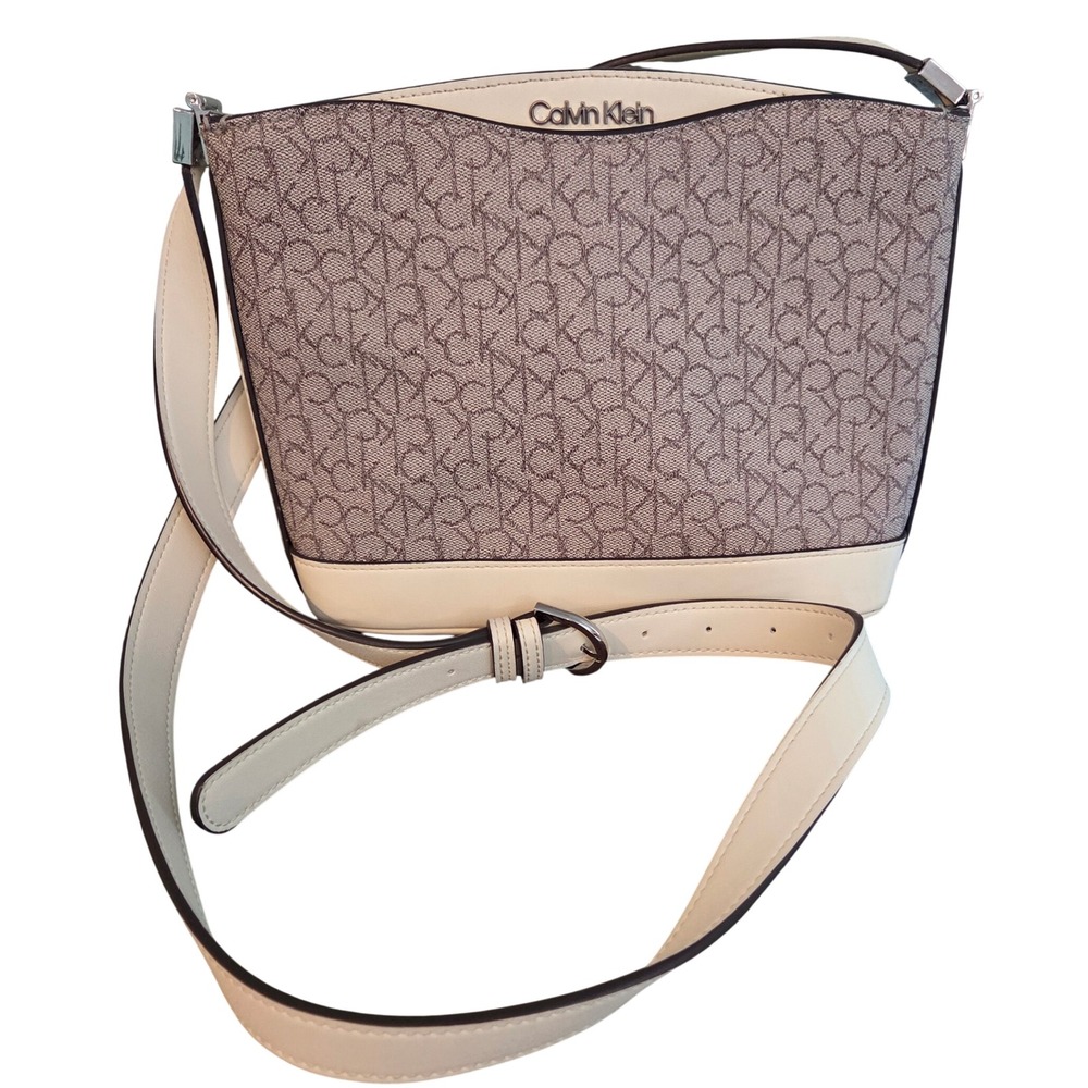 Calvin Klein Monogram Logo Crossbody Bag Cream Beige Brown Faux Leather Purse